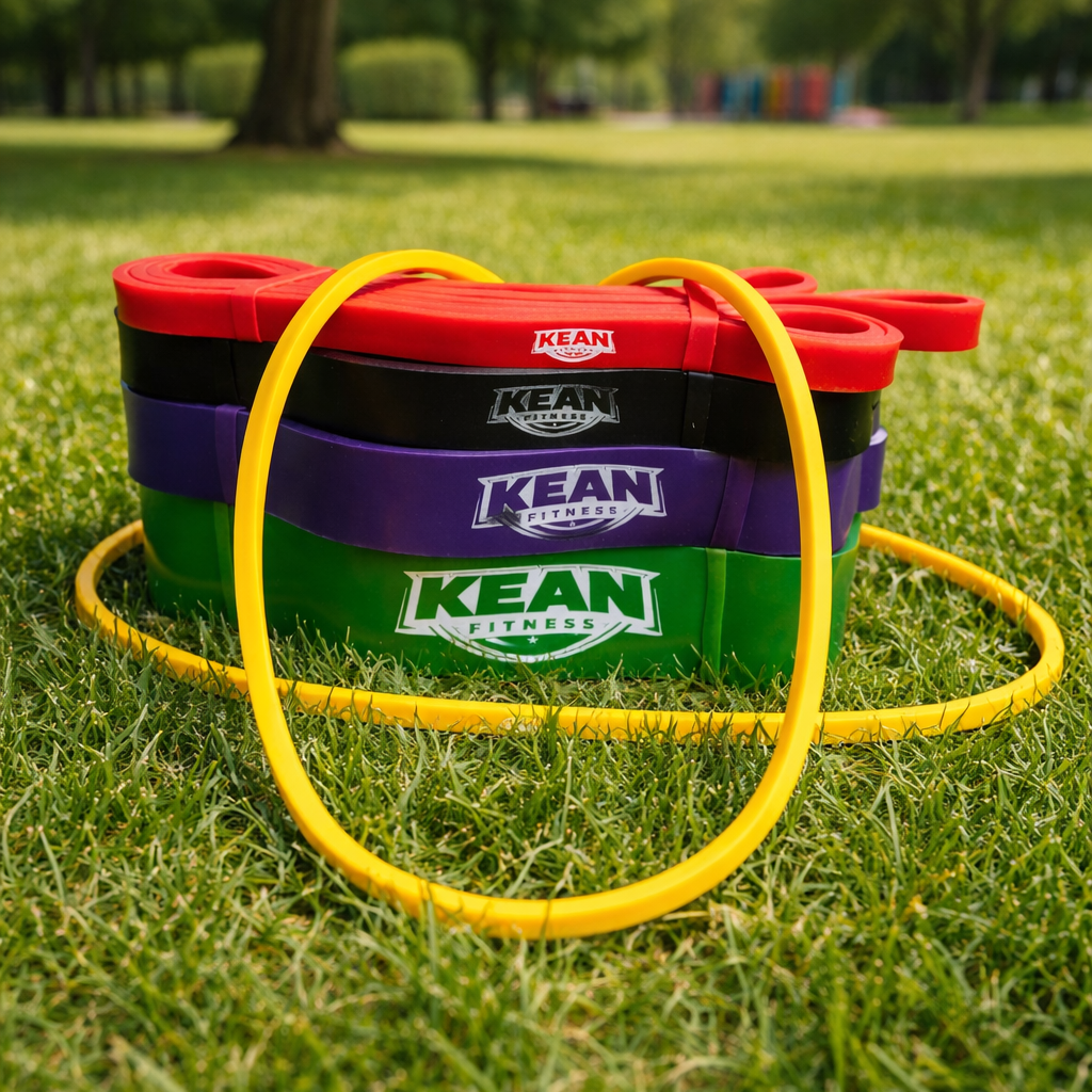 Kean Fitness resistance bands set on grass outdoors, showcasing colorful exercise gear